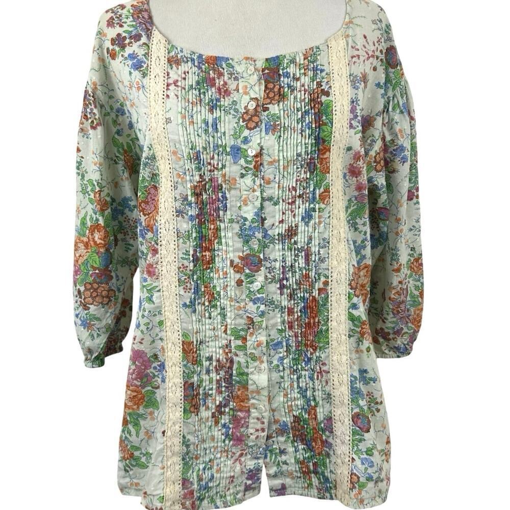 Art & Soul Floral Peasant Top Boho Cottagecore Lace Trim Size M